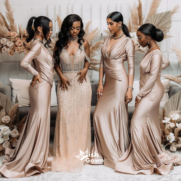 Gorgeous Champagne Gold Multiple Types Pleats Satin Mermaid Bridesmaid Wish Gown Gorgeous Champagne Gold Multiple Types Pleats Satin Mermaid Bridesmaid Wish Gown