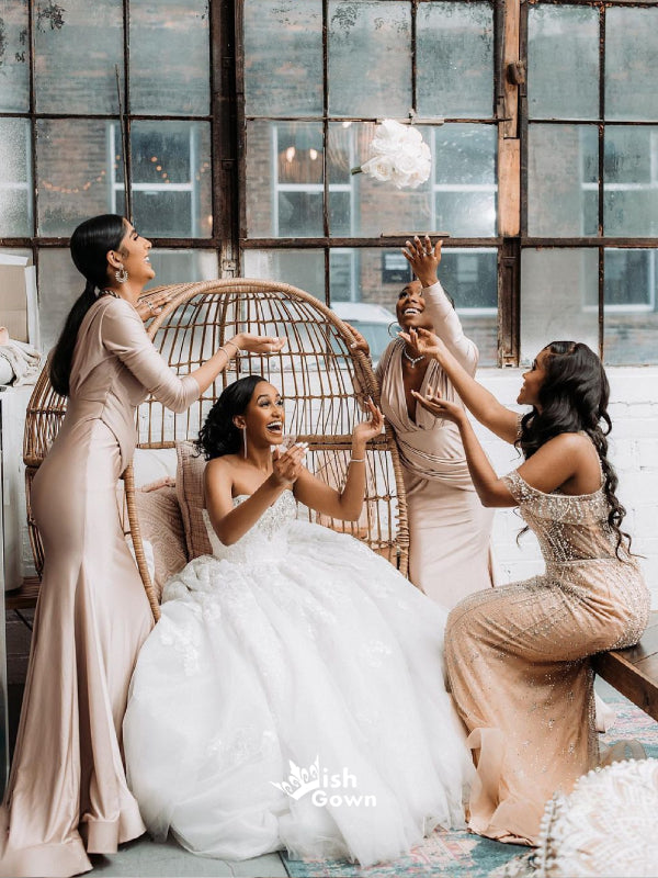 Gorgeous Champagne Gold Multiple Types Pleats Satin Mermaid Bridesmaid Wish Gown Gorgeous Champagne Gold Multiple Types Pleats Satin Mermaid Bridesmaid Wish Gown