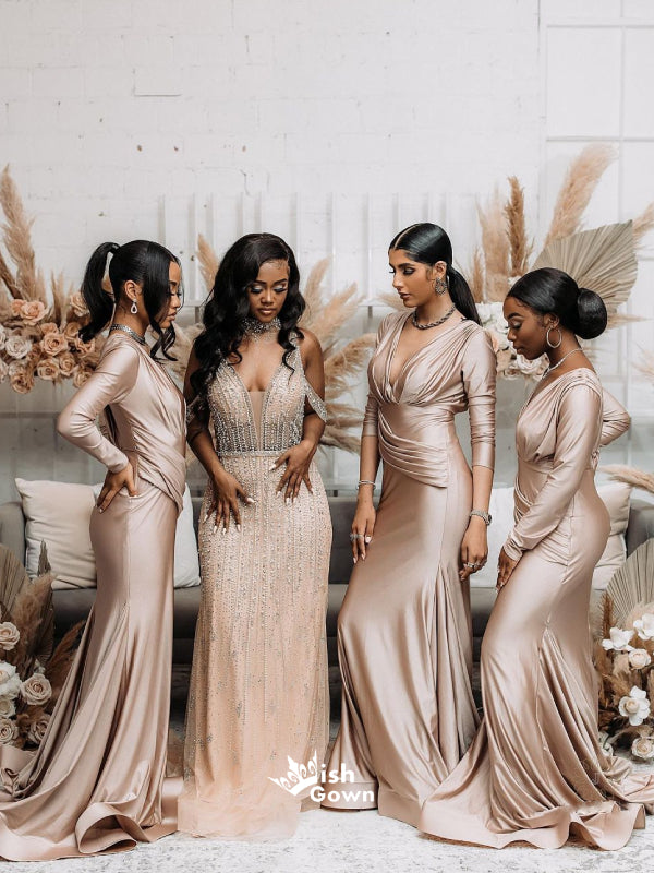Gorgeous Champagne Gold Multiple Types Pleats Satin Mermaid Bridesmaid – Wish Gown