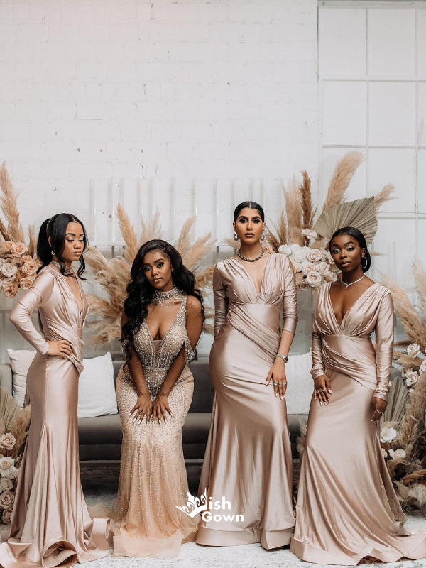 Gorgeous Champagne Gold Multiple Types Pleats Satin Mermaid Bridesmaid – Wish Gown