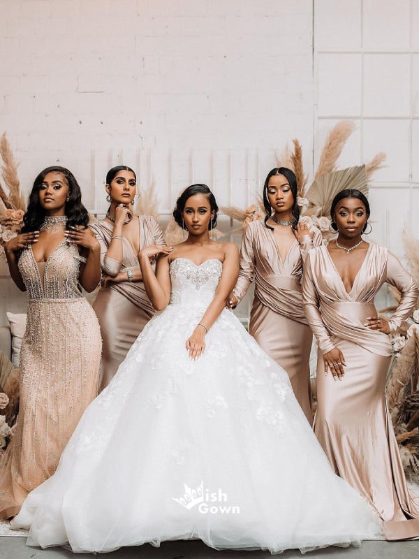 Gorgeous Champagne Gold Multiple Types Pleats Satin Mermaid Bridesmaid – Wish Gown