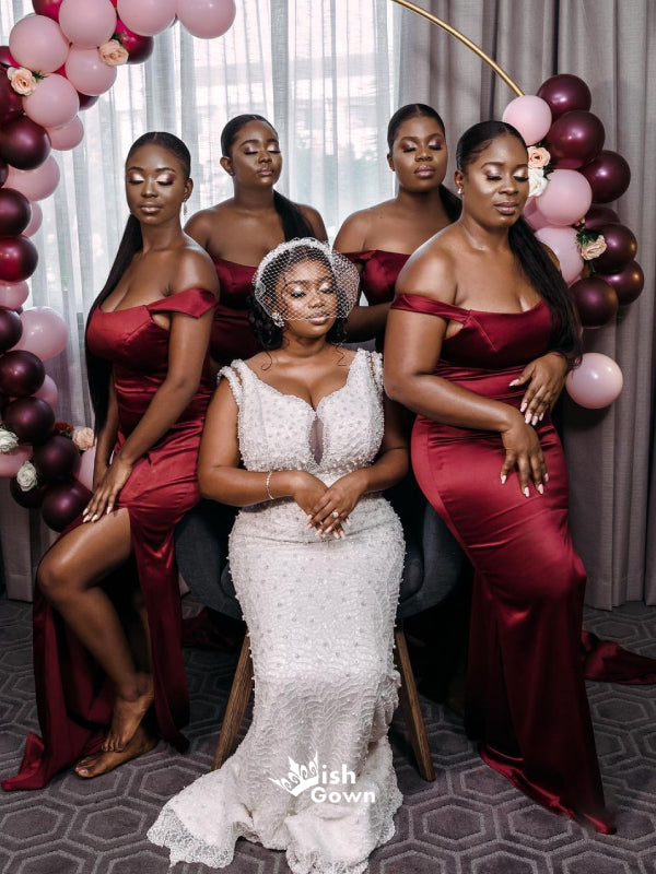Chic Burgundy Off Shoulder Slits Mermaid Satin Sexy Bridesmaid Dresses Wish Gown Chic Burgundy Off Shoulder Slits Mermaid Satin Sexy Bridesmaid Dresses Wish Gown