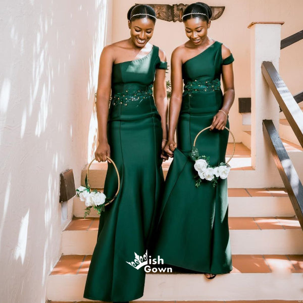 Dark Green One Shoulder Appliques Mermaid Satin Bridesmaid Dresses, WG Wish Gown Dark Green One Shoulder Appliques Mermaid Satin Bridesmaid Dresses, WG Wish Gown