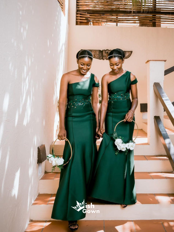 Dark Green One Shoulder Appliques Mermaid Satin Bridesmaid Dresses, WG Wish Gown Dark Green One Shoulder Appliques Mermaid Satin Bridesmaid Dresses, WG Wish Gown