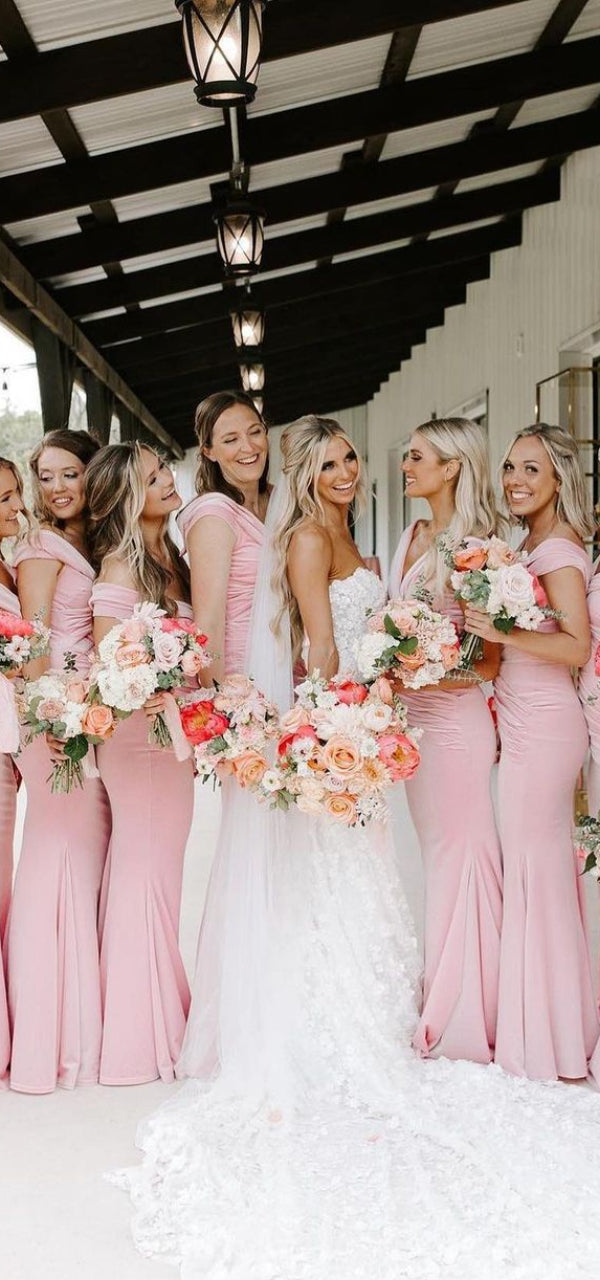 Velvet Pale Pink Off Shoulder Pleats Mermaid Bridesmaid Dresses, WGM07 Wish Gown Velvet Pale Pink Off Shoulder Pleats Mermaid Bridesmaid Dresses, WGM07 Wish Gown