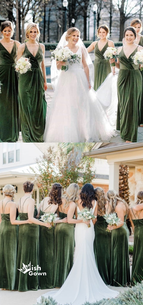 Green Velvet Spaghetti Straps Pleats Backless A-line Bridesmaid Dresses, WGM075