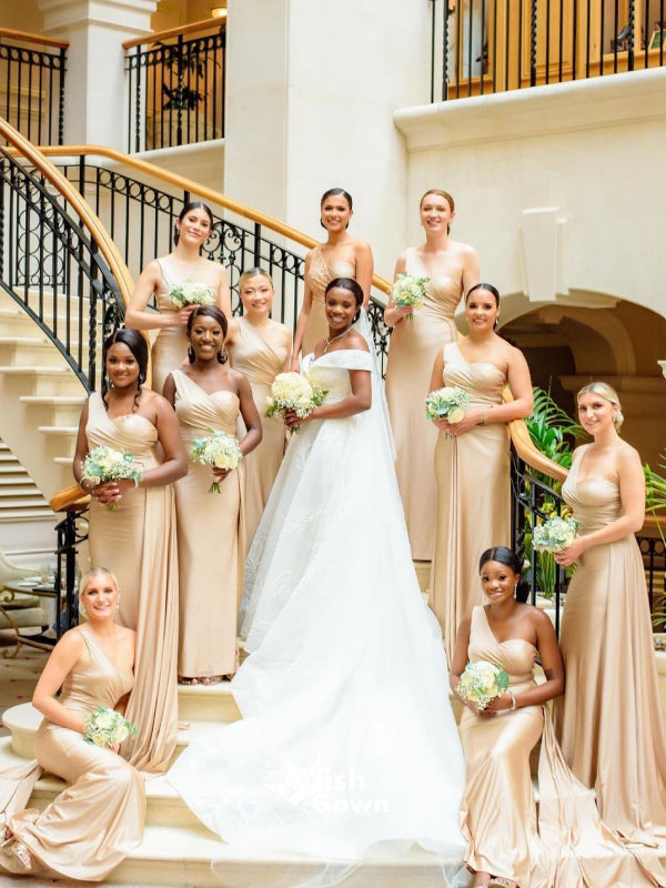 Champagne Gold Soft Satin One Shoulder Pleats Long Bridesmaid Dresses, Wish Gown Champagne Gold Soft Satin One Shoulder Pleats Long Bridesmaid Dresses, Wish Gown