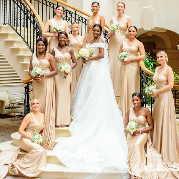Champagne Gold Soft Satin One Shoulder Pleats Long Bridesmaid Dresses, – Wish Gown Champagne Gold Soft Satin One Shoulder Pleats Long Bridesmaid Dresses, – Wish Gown