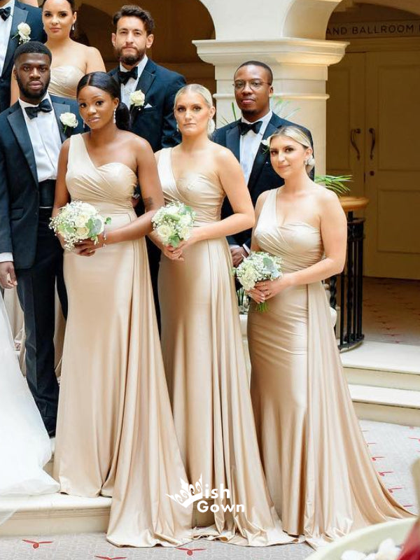 Champagne Gold Soft Satin One Shoulder Pleats Long Bridesmaid Dresses, Wish Gown Champagne Gold Soft Satin One Shoulder Pleats Long Bridesmaid Dresses, Wish Gown