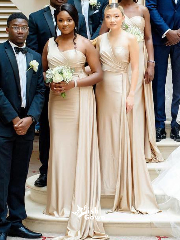 Champagne Gold Soft Satin One Shoulder Pleats Long Bridesmaid Dresses, Wish Gown Champagne Gold Soft Satin One Shoulder Pleats Long Bridesmaid Dresses, Wish Gown