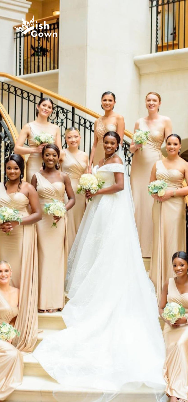 Champagne Gold Soft Satin One Shoulder Pleats Long Bridesmaid Dresses, Wish Gown Champagne Gold Soft Satin One Shoulder Pleats Long Bridesmaid Dresses, Wish Gown