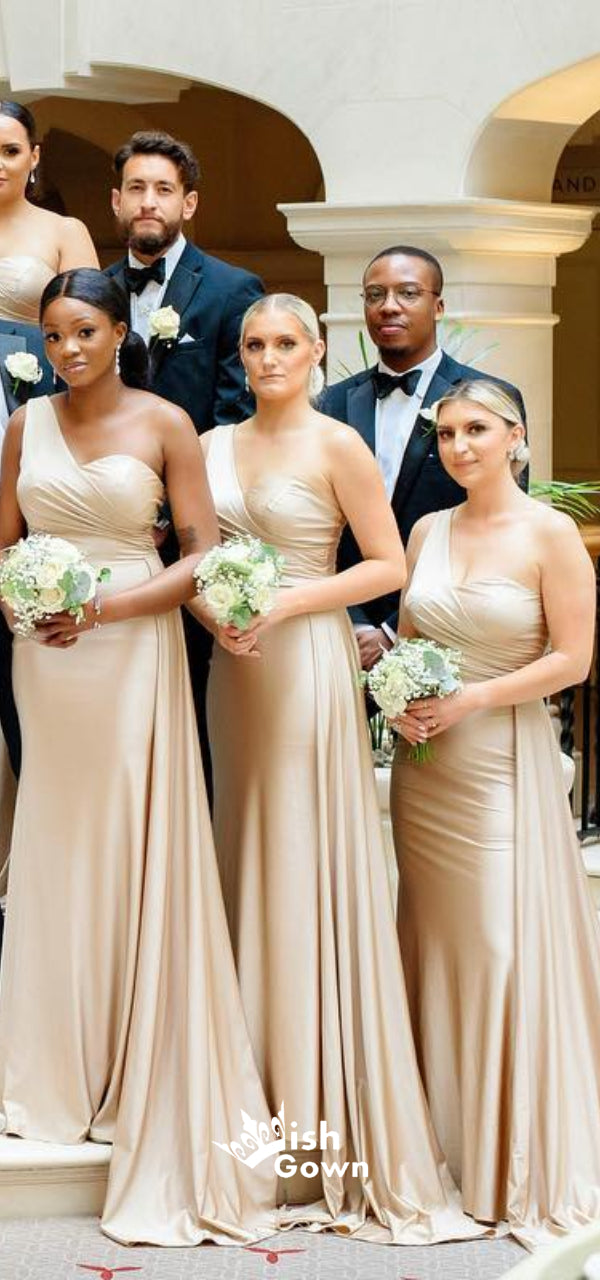 Champagne Gold Soft Satin One Shoulder Pleats Long Bridesmaid Dresses, Wish Gown Champagne Gold Soft Satin One Shoulder Pleats Long Bridesmaid Dresses, Wish Gown