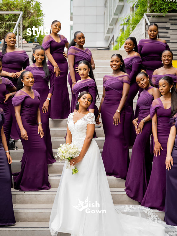 Mismatched Purple Tulle Off Shoulder Mermaid Wedding Guest Bridesmaid Dresses, WGM090
