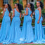 Blue One Shoulder Lace Top High Slits Mermaid Long Bridesmaid Dresses, WGM093