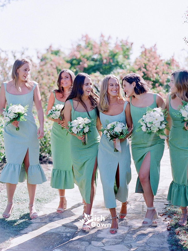 Simple Mismatched Light Green Tea-length Slits Sleeveless Long Bridesmaid Dresses, WGM104