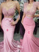 Pink Lace Appliques See Through Soft Satin Sexy Mermaid Long Bridesmaid Dresses, WGM105