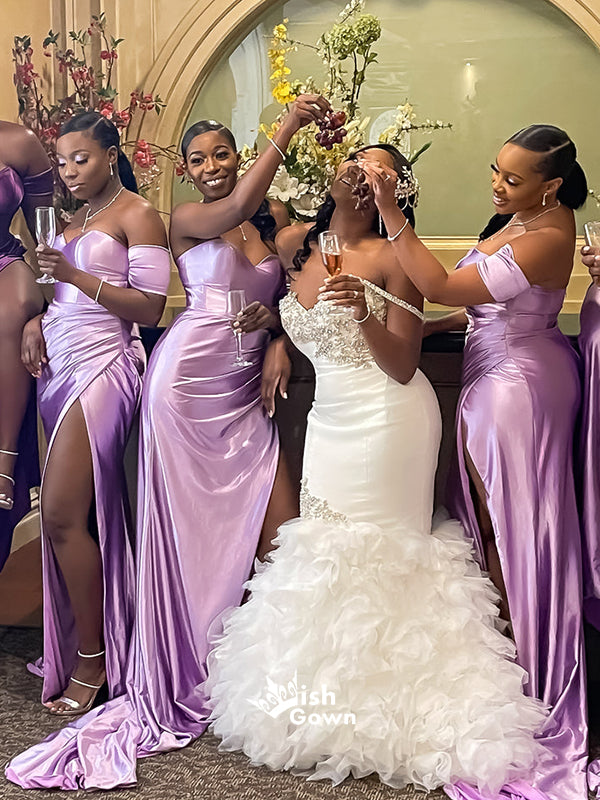 Lilac One Shoulder Sweetheart Soft Satin Slits Long Mermaid Bridesmaid Wish Gown Lilac One Shoulder Sweetheart Soft Satin Slits Long Mermaid Bridesmaid Wish Gown
