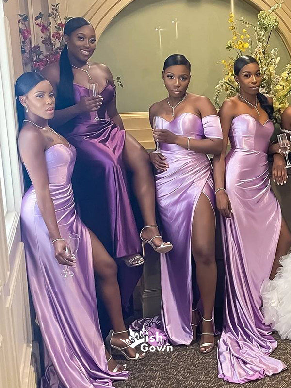 Lilac One Shoulder Sweetheart Soft Satin Slits Long Mermaid Bridesmaid Wish Gown Lilac One Shoulder Sweetheart Soft Satin Slits Long Mermaid Bridesmaid Wish Gown