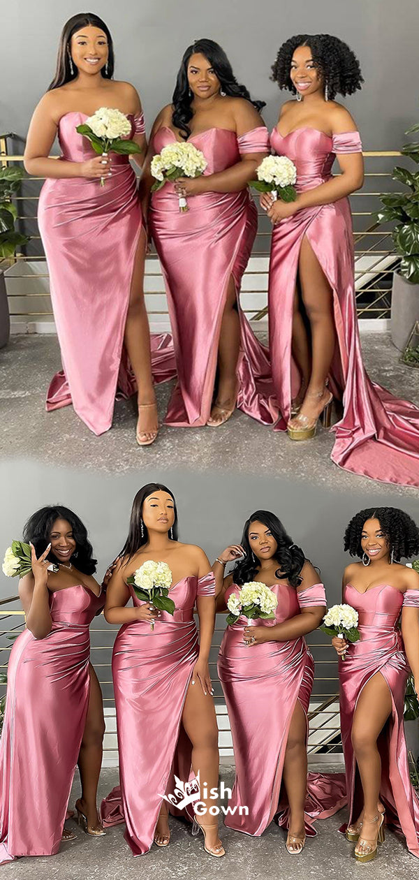 Pink Mismatched Strapless Sweetheart Soft Satin Slits Long Mermaid Bri Wish Gown Pink Mismatched Strapless Sweetheart Soft Satin Slits Long Mermaid Bri Wish Gown
