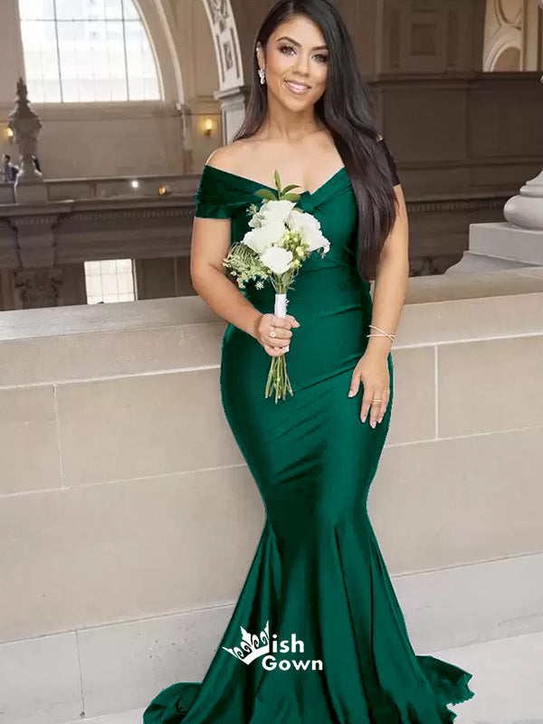 Emerald Mermaid Off Shoulder Floor length Wedding Guest Bridesmaid Dresses, WGM112