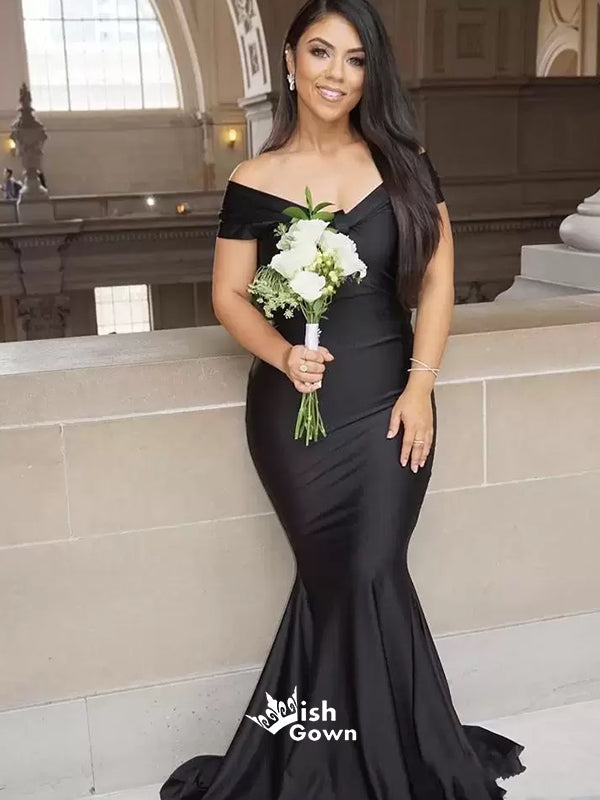 black off the shoulder bridesmaid dress Black Mermaid Off Shoulder Floor length Wedding Guest Bridesmaid Dress – Wish Gown