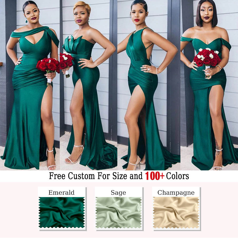 Mismatched Emerald Green Mermaid Soft Satin Long Slits Bridesmaid Dresses, WGM116
