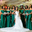 Green Sexy Off Shoulder Pleats Slits Mermaid Soft Satin Long Bridesmaid Dresses, WGM119