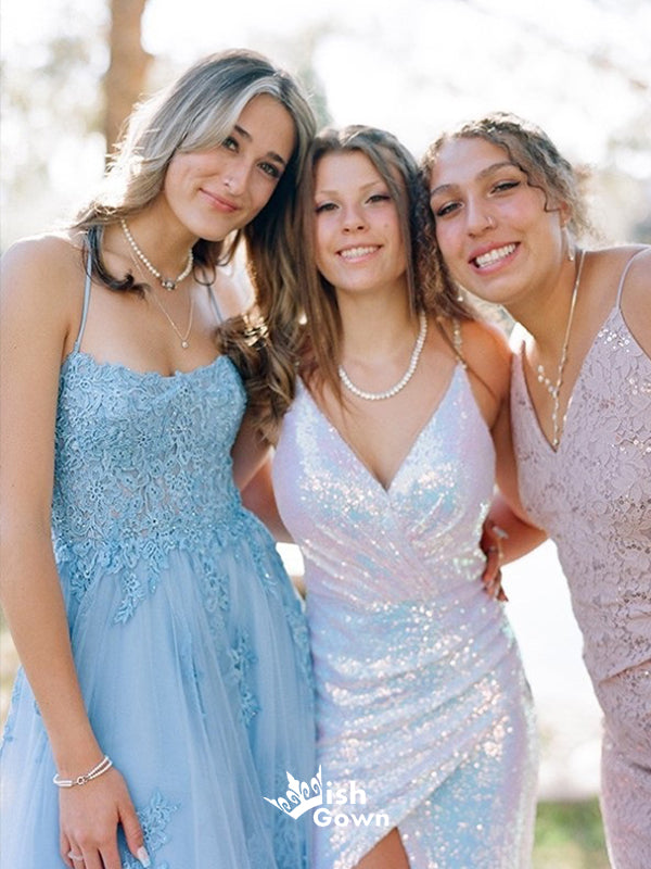 Elegant Halter Light Blue Lace Appliques Top Split Side Prom Dresses, WGP003