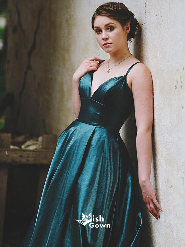 Aquamarine Spaghetti Straps V-neck Satin Prom Dresses WGP005 – Wish Gown Aquamarine Spaghetti Straps V-neck Satin Prom Dresses WGP005 – Wish Gown