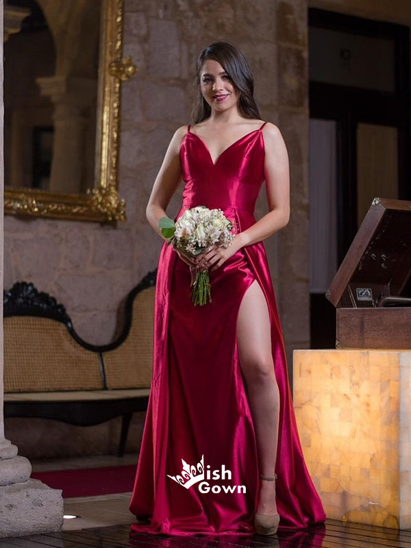 Chic Red Spaghetti Straps V-back High Split Satin Prom Dresses WGP007