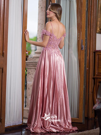 Pink A-Line V-neck Floor Length Prom Dresses With Beading Split Front, WGP008