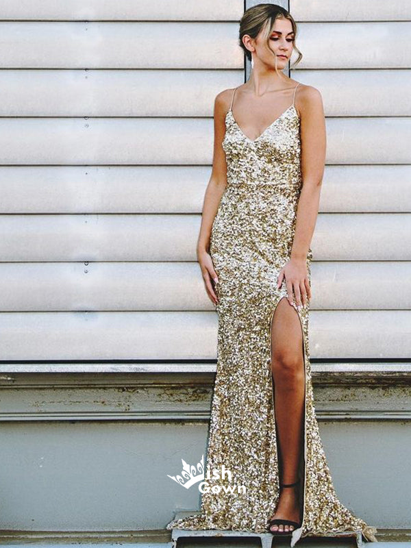 Sexy Gold Sequin Mermaid Shinning Spaghetti Straps Backless Prom Dress, WG1011