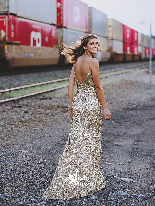 Sexy Gold Sequin Mermaid Shinning Spaghetti Straps Backless Prom Dress, WG1011