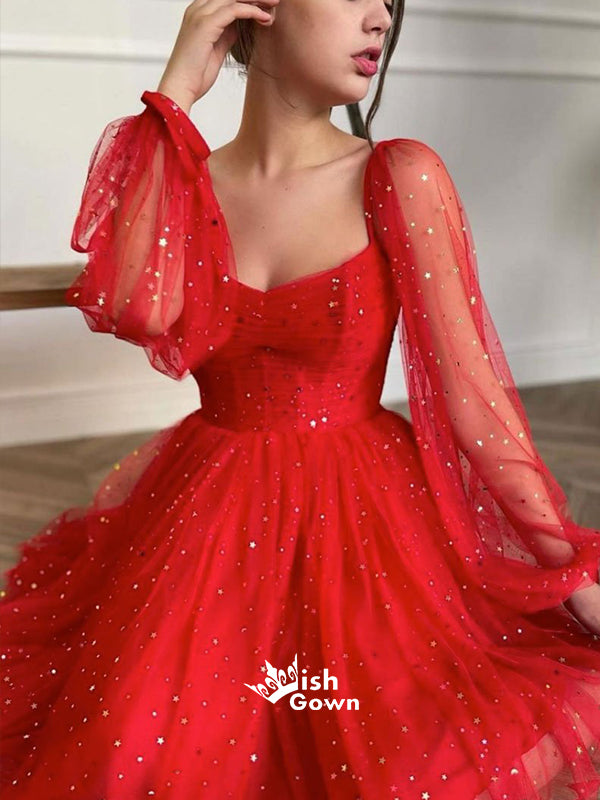 Red Tulle Long Sleeve Gold Starry Sweetheart Short Homecoming Prom Gow Wish Gown Red Tulle Long Sleeve Gold Starry Sweetheart Short Homecoming Prom Gow Wish Gown
