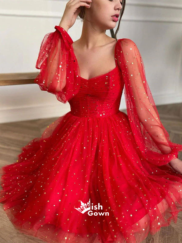 Red Tulle Long Sleeve Gold Starry Sweetheart Short Homecoming Prom Gow Wish Gown Red Tulle Long Sleeve Gold Starry Sweetheart Short Homecoming Prom Gow Wish Gown