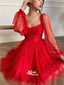 Red Tulle Long Sleeve Gold Starry Sweetheart Short Homecoming Prom Gown Dress, WGP0013