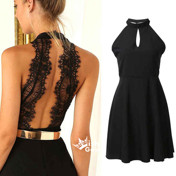 Chic Black Patchwork Lace Backless Cut Out Party Prom Mini Homecoming Dress, WGP015
