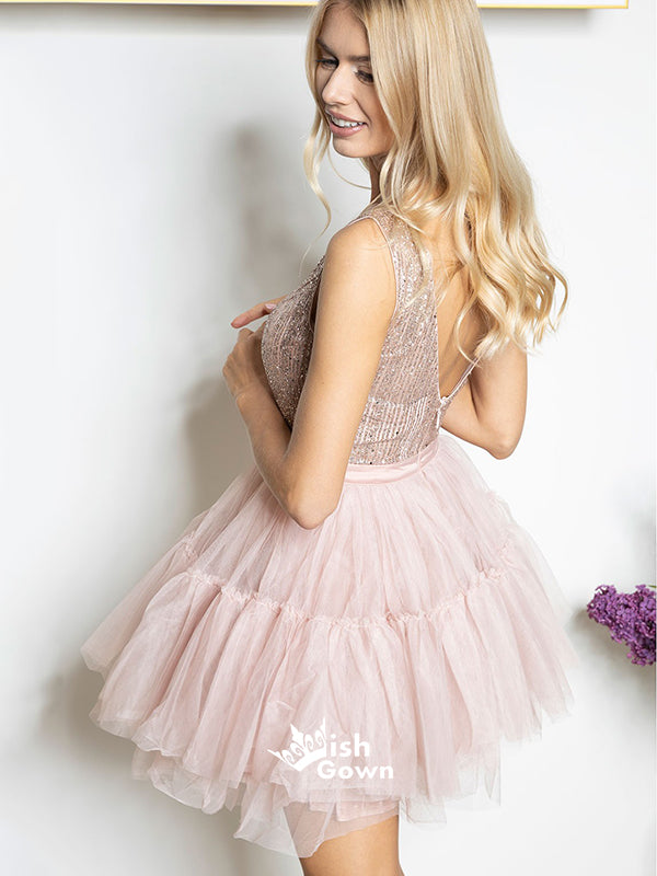 Gorgeous A-line Sequin Sleeveless V-back Pale Pink Tulle Prom Homecoming Dress, WGP016
