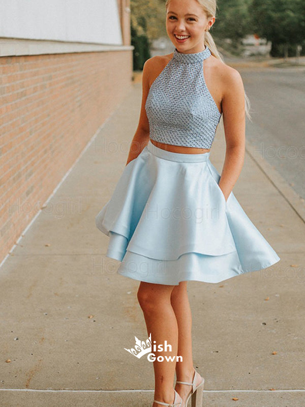 Dusty Blue Two Piece Satin Halter Open Back Short Prom Party Homecomin Wish Gown Dusty Blue Two Piece Satin Halter Open Back Short Prom Party Homecomin Wish Gown