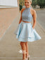 Dusty Blue Two Piece Satin Halter Open Back Short Prom Party Homecoming Dress, WGP017
