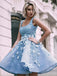 Charming Sky Blue Beaded Appliques A-line Satin Short Homecoming Prom Dress, WGP018