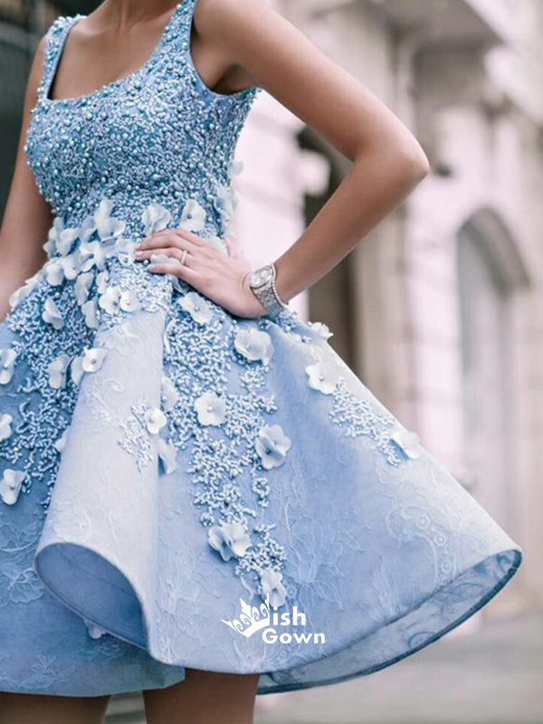 Charming Sky Blue Beaded Appliques A-line Satin Short Homecoming Prom Wish Gown Charming Sky Blue Beaded Appliques A-line Satin Short Homecoming Prom Wish Gown