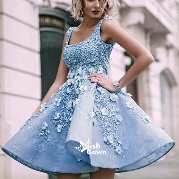 Charming Sky Blue Beaded Appliques A-line Satin Short Homecoming Prom Wish Gown Charming Sky Blue Beaded Appliques A-line Satin Short Homecoming Prom Wish Gown