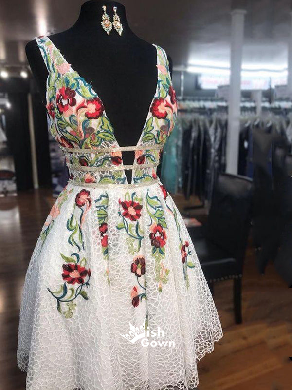 White Lace Floral Appliques Backless Knee-length Homecoming Prom Dress Wish Gown White Lace Floral Appliques Backless Knee-length Homecoming Prom Dress Wish Gown