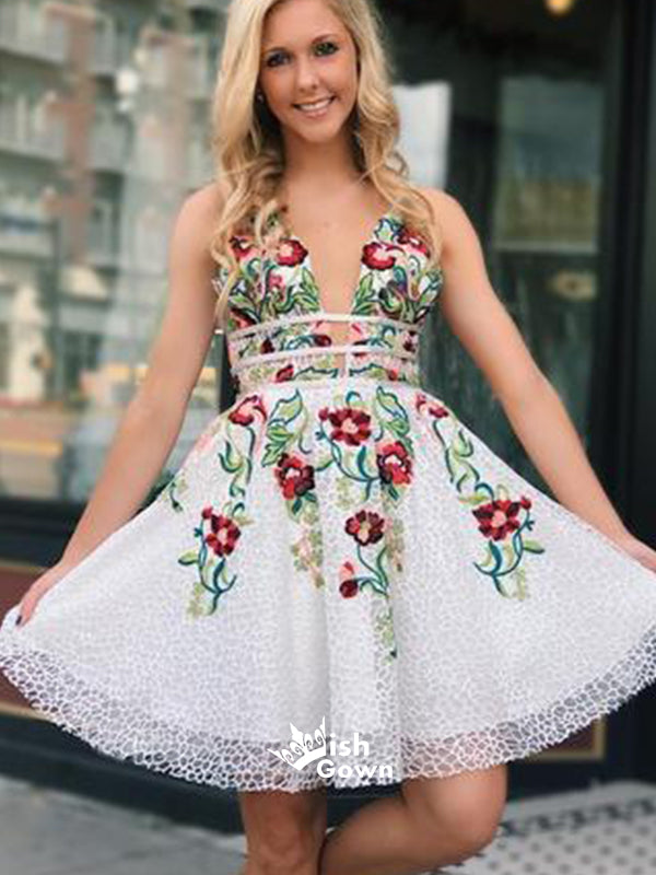 White Lace Floral Appliques Backless Knee-length Homecoming Prom Dress Wish Gown White Lace Floral Appliques Backless Knee-length Homecoming Prom Dress Wish Gown