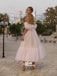 Simple Pale Pink Off Shoulders Tulle A-line Midi Homecoming Prom Dress, WGP026