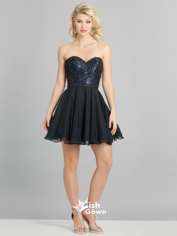 Strapless Sweetheart Neck Black Applique A-line Chiffon Short Homecoming Prom Dress, WGP027