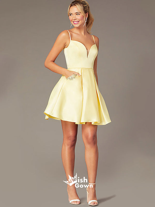 Simply Pale Yellow Short Caged-Back A-Line Pockets Homecoming Prom Dress, WGP028