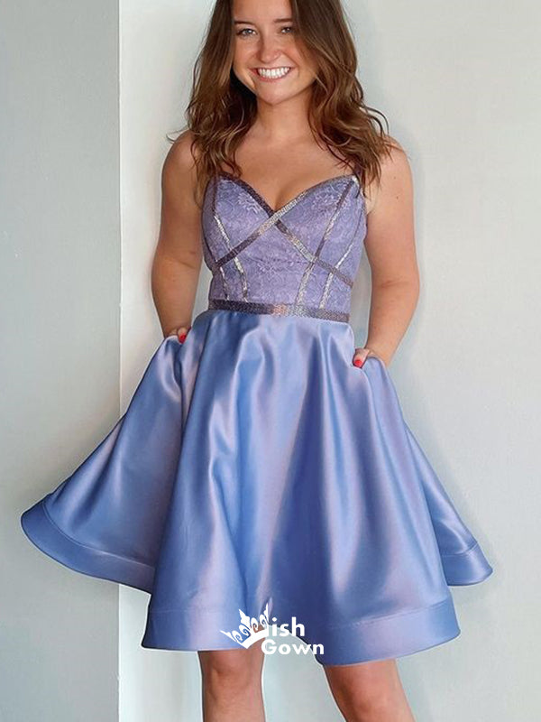 Light Purple Spaghetti Strap A-line Satin Pockets Short Homecoming Pro Wish Gown Light Purple Spaghetti Strap A-line Satin Pockets Short Homecoming Pro Wish Gown