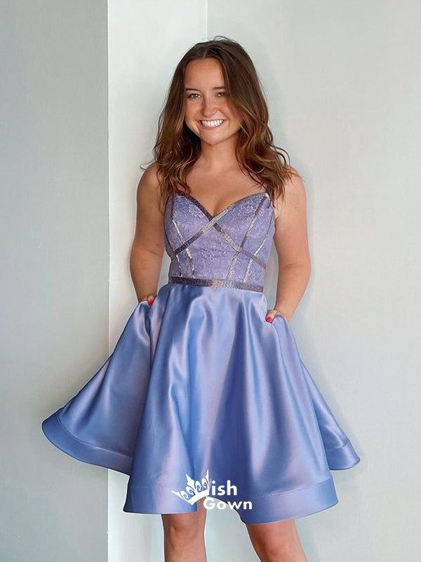 Light Purple Spaghetti Strap A-line Satin Pockets Short Homecoming Pro Wish Gown Light Purple Spaghetti Strap A-line Satin Pockets Short Homecoming Pro Wish Gown